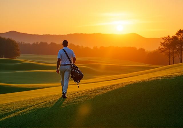 Golfista senior che cammina sul fairway al tramonto
